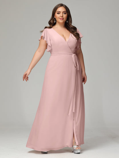 V-neck & Ruffled Sleeves Chiffon Bridesmaid Dress Plus Size