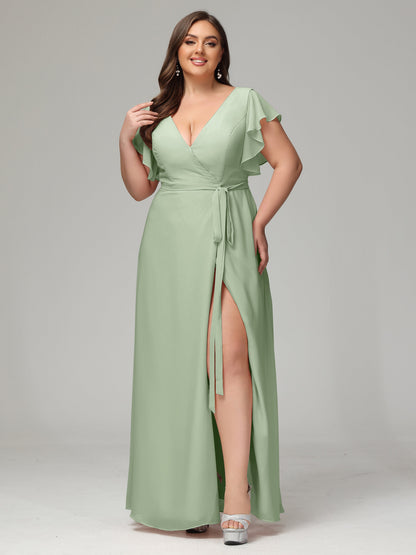 V-neck & Ruffled Sleeves Chiffon Bridesmaid Dress Plus Size