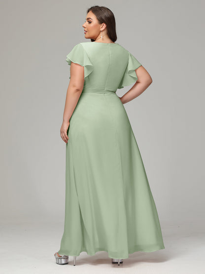 V-neck & Ruffled Sleeves Chiffon Bridesmaid Dress Plus Size