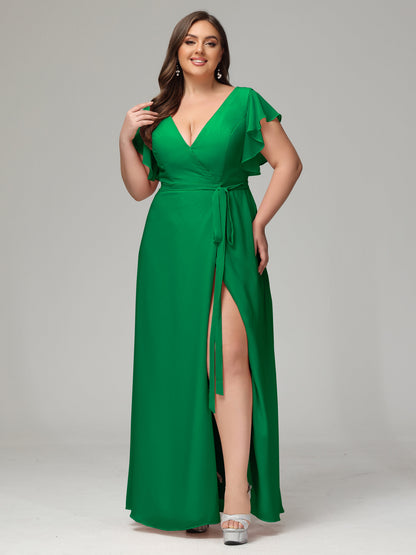 V-neck & Ruffled Sleeves Chiffon Bridesmaid Dress Plus Size
