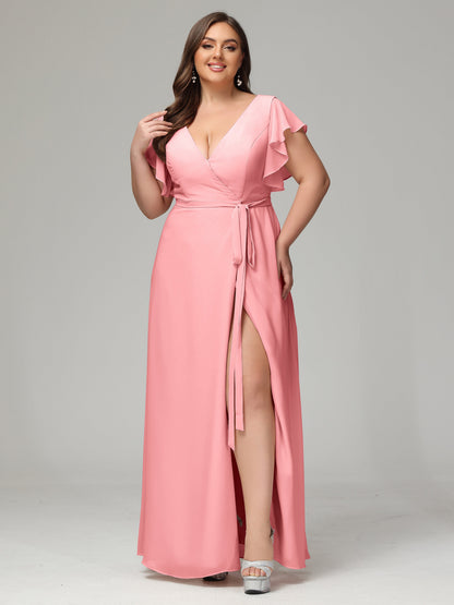V-neck & Ruffled Sleeves Chiffon Bridesmaid Dress Plus Size