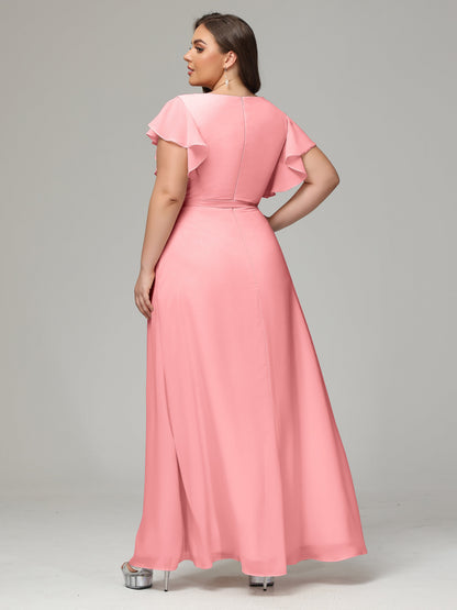 V-neck & Ruffled Sleeves Chiffon Bridesmaid Dress Plus Size