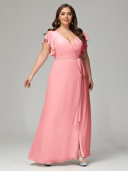 V-neck & Ruffled Sleeves Chiffon Bridesmaid Dress Plus Size