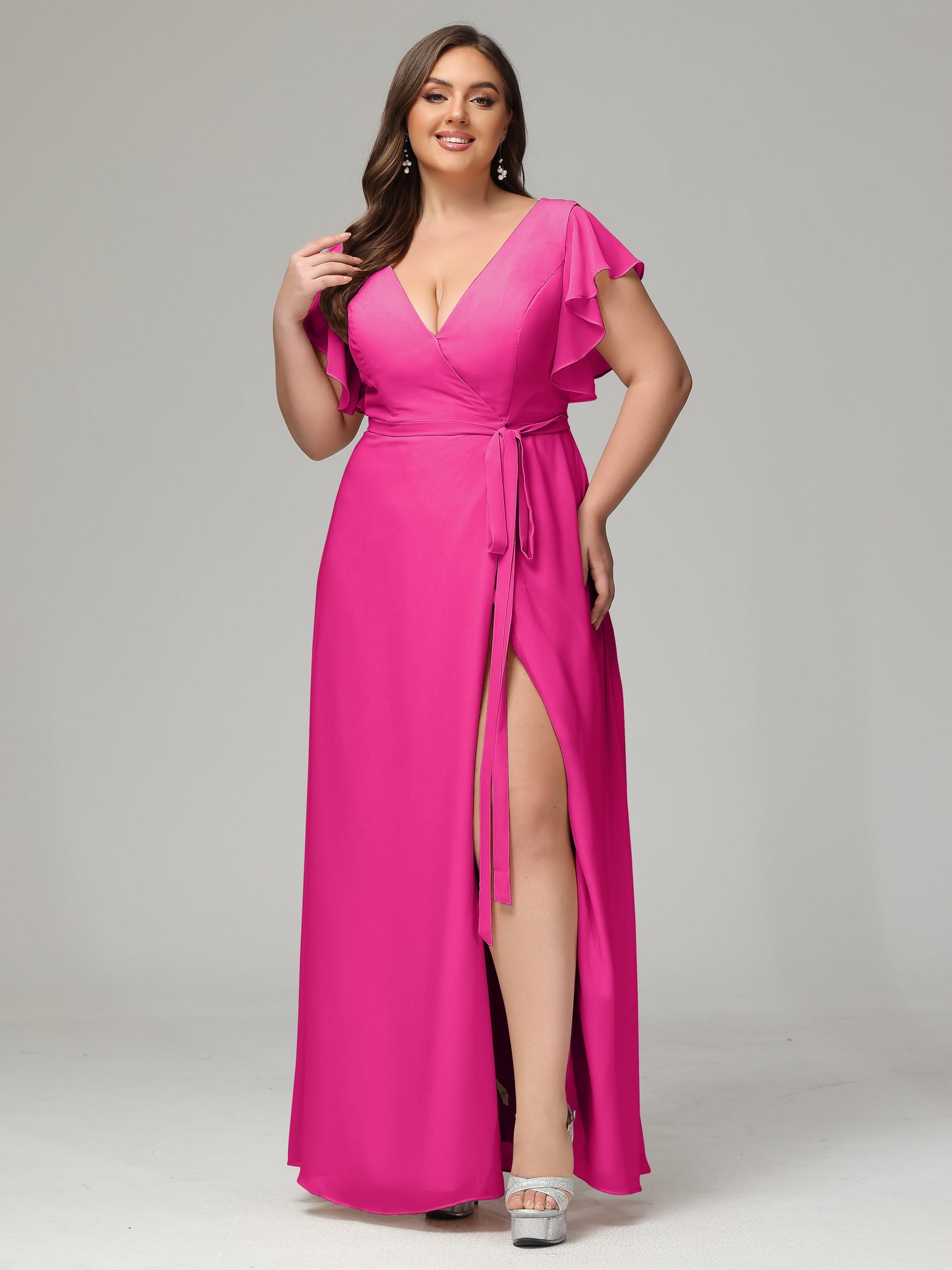 V-neck & Ruffled Sleeves Chiffon Bridesmaid Dress Plus Size