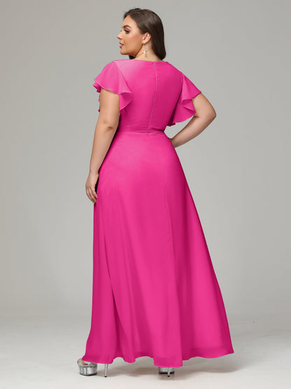 V-neck & Ruffled Sleeves Chiffon Bridesmaid Dress Plus Size