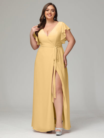 V-neck & Ruffled Sleeves Chiffon Bridesmaid Dress Plus Size