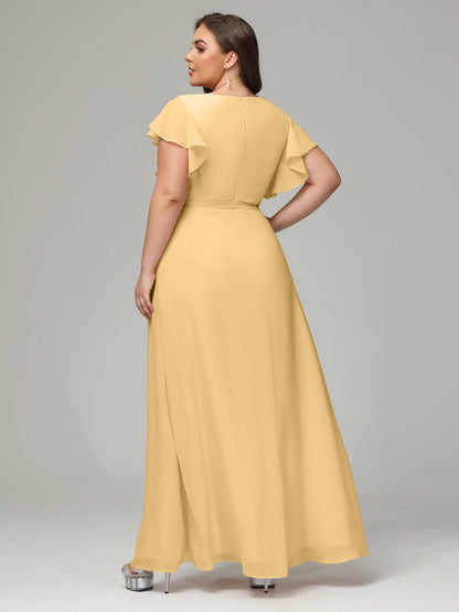 V-neck & Ruffled Sleeves Chiffon Bridesmaid Dress Plus Size