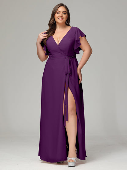 V-neck & Ruffled Sleeves Chiffon Bridesmaid Dress Plus Size