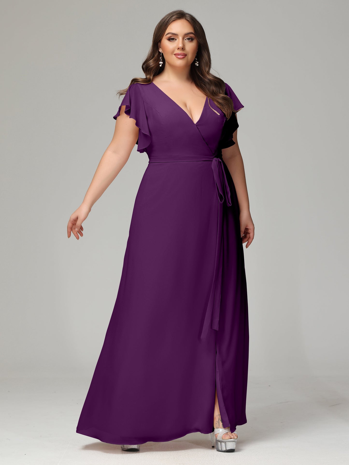 V-neck & Ruffled Sleeves Chiffon Bridesmaid Dress Plus Size