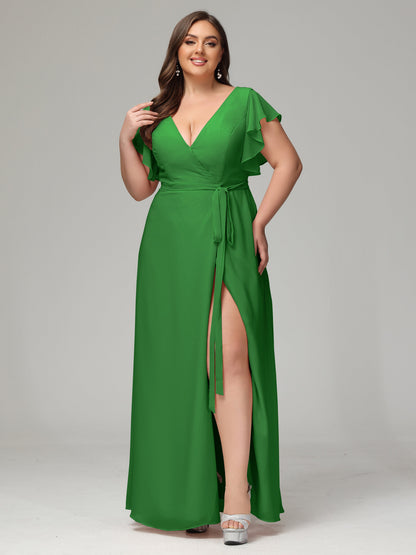 V-neck & Ruffled Sleeves Chiffon Bridesmaid Dress Plus Size