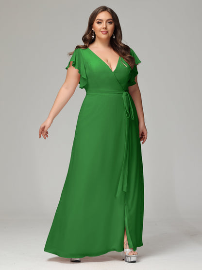 V-neck & Ruffled Sleeves Chiffon Bridesmaid Dress Plus Size