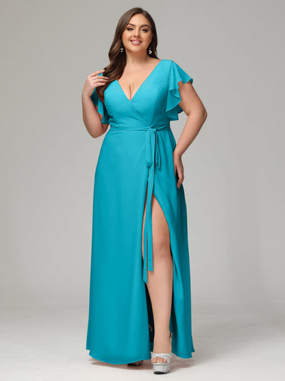 V-neck & Ruffled Sleeves Chiffon Bridesmaid Dress Plus Size