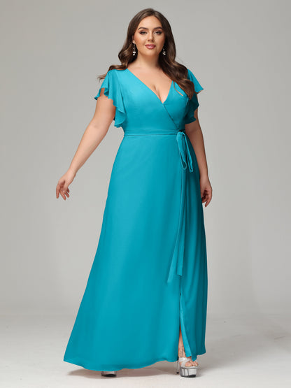 V-neck & Ruffled Sleeves Chiffon Bridesmaid Dress Plus Size