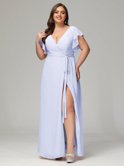 V-neck & Ruffled Sleeves Chiffon Bridesmaid Dress Plus Size