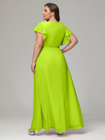 V-neck & Ruffled Sleeves Chiffon Bridesmaid Dress Plus Size