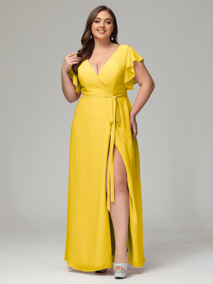 V-neck & Ruffled Sleeves Chiffon Bridesmaid Dress Plus Size