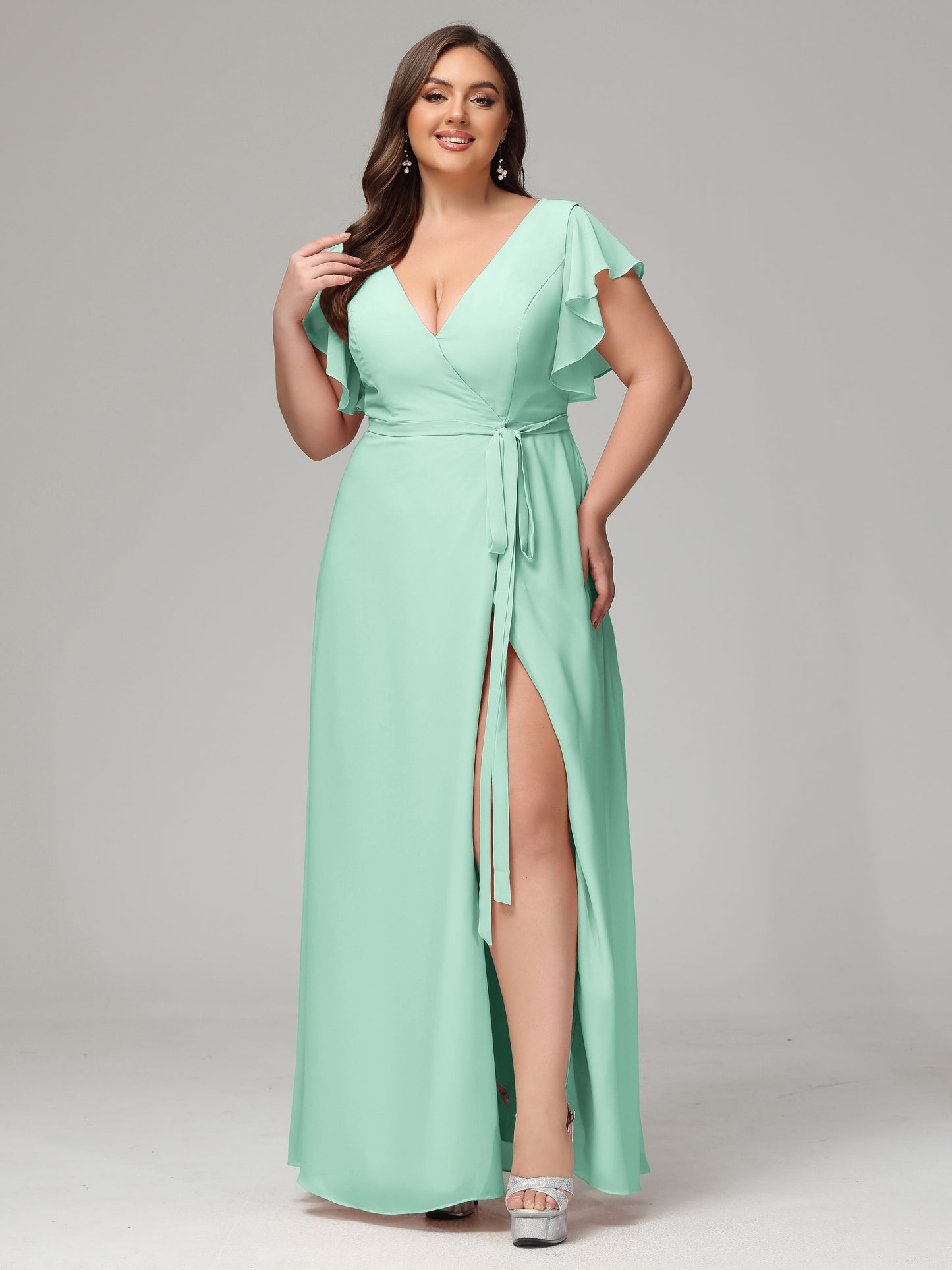 V-neck & Ruffled Sleeves Chiffon Bridesmaid Dress Plus Size