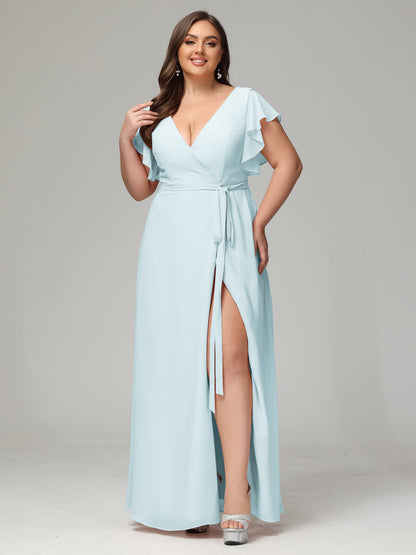 V-neck & Ruffled Sleeves Chiffon Bridesmaid Dress Plus Size