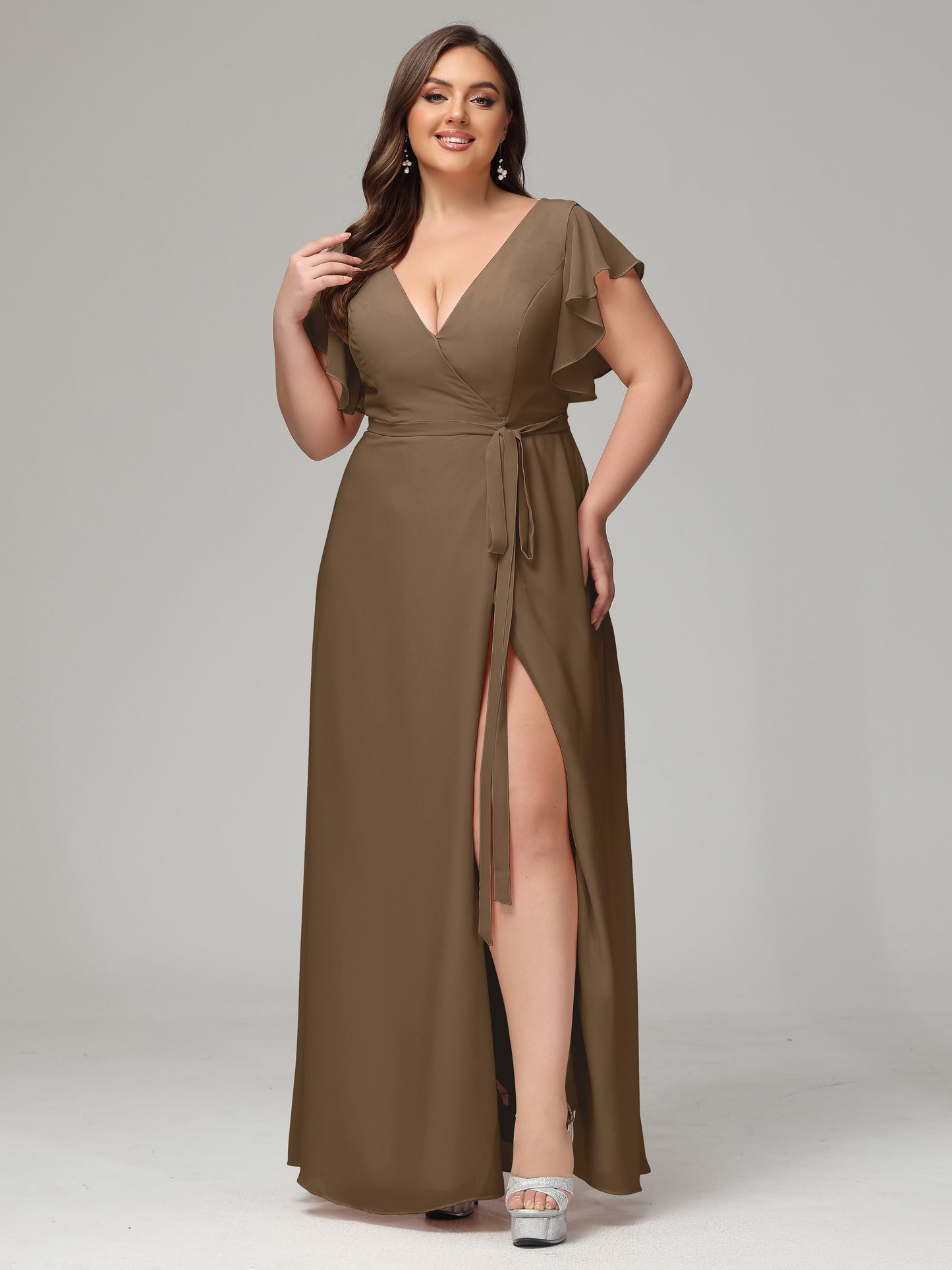 V-neck & Ruffled Sleeves Chiffon Bridesmaid Dress Plus Size