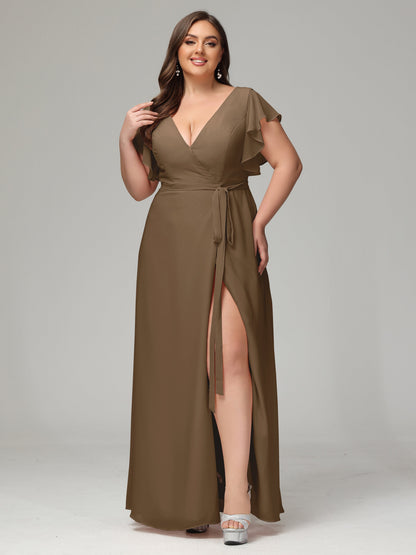 V-neck & Ruffled Sleeves Chiffon Bridesmaid Dress Plus Size