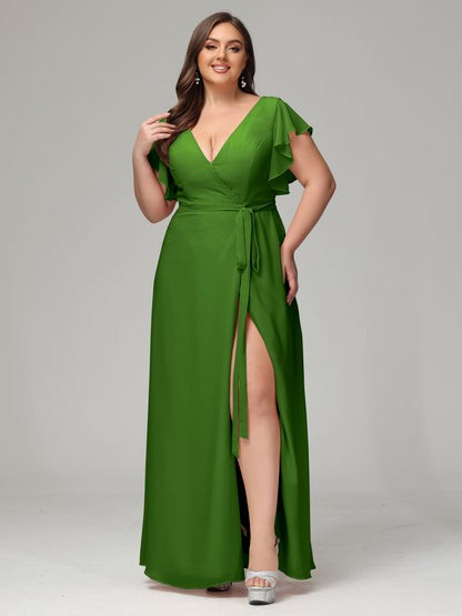 V-neck & Ruffled Sleeves Chiffon Bridesmaid Dress Plus Size