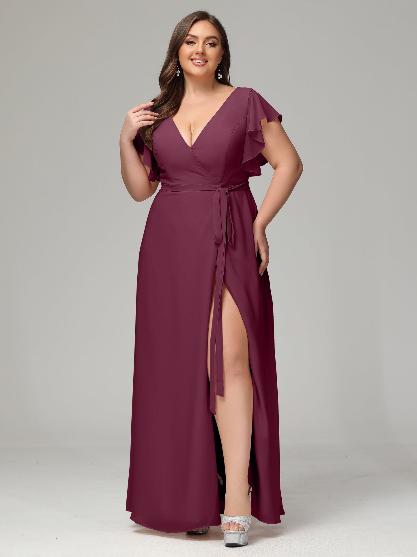 V-neck & Ruffled Sleeves Chiffon Bridesmaid Dress Plus Size