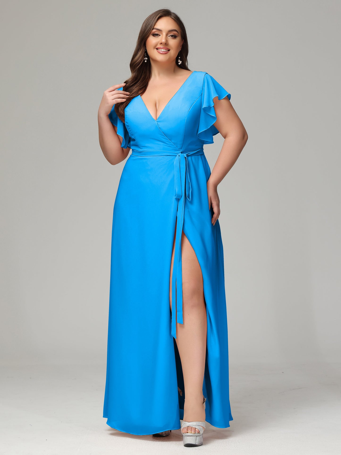 V-neck & Ruffled Sleeves Chiffon Bridesmaid Dress Plus Size