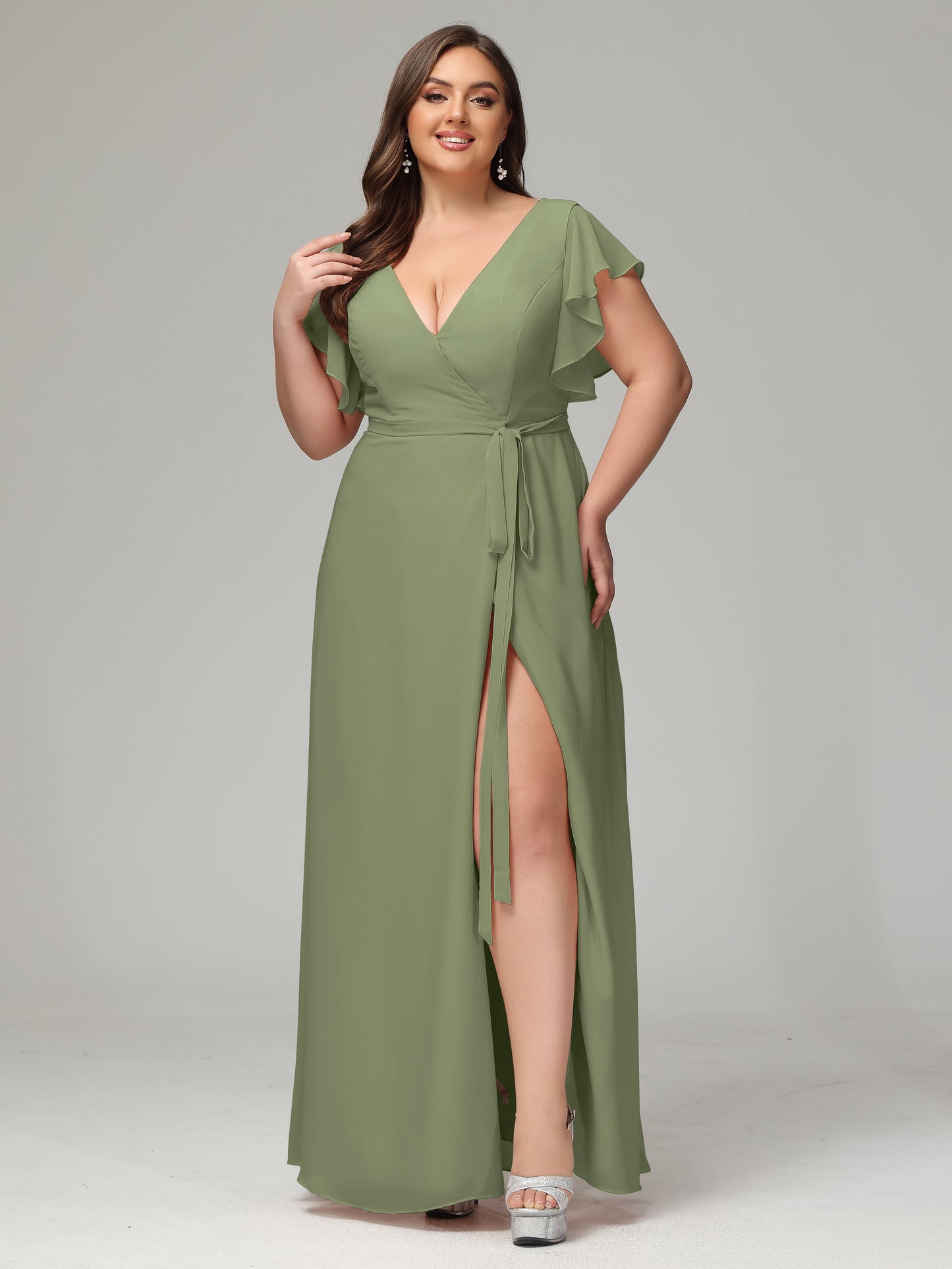 V-neck & Ruffled Sleeves Chiffon Bridesmaid Dress Plus Size