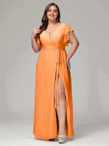 V-neck & Ruffled Sleeves Chiffon Bridesmaid Dress Plus Size