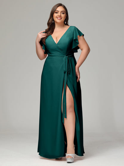 V-neck & Ruffled Sleeves Chiffon Bridesmaid Dress Plus Size