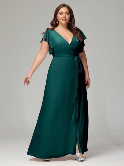 V-neck & Ruffled Sleeves Chiffon Bridesmaid Dress Plus Size