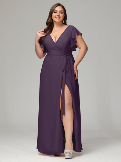 V-neck & Ruffled Sleeves Chiffon Bridesmaid Dress Plus Size