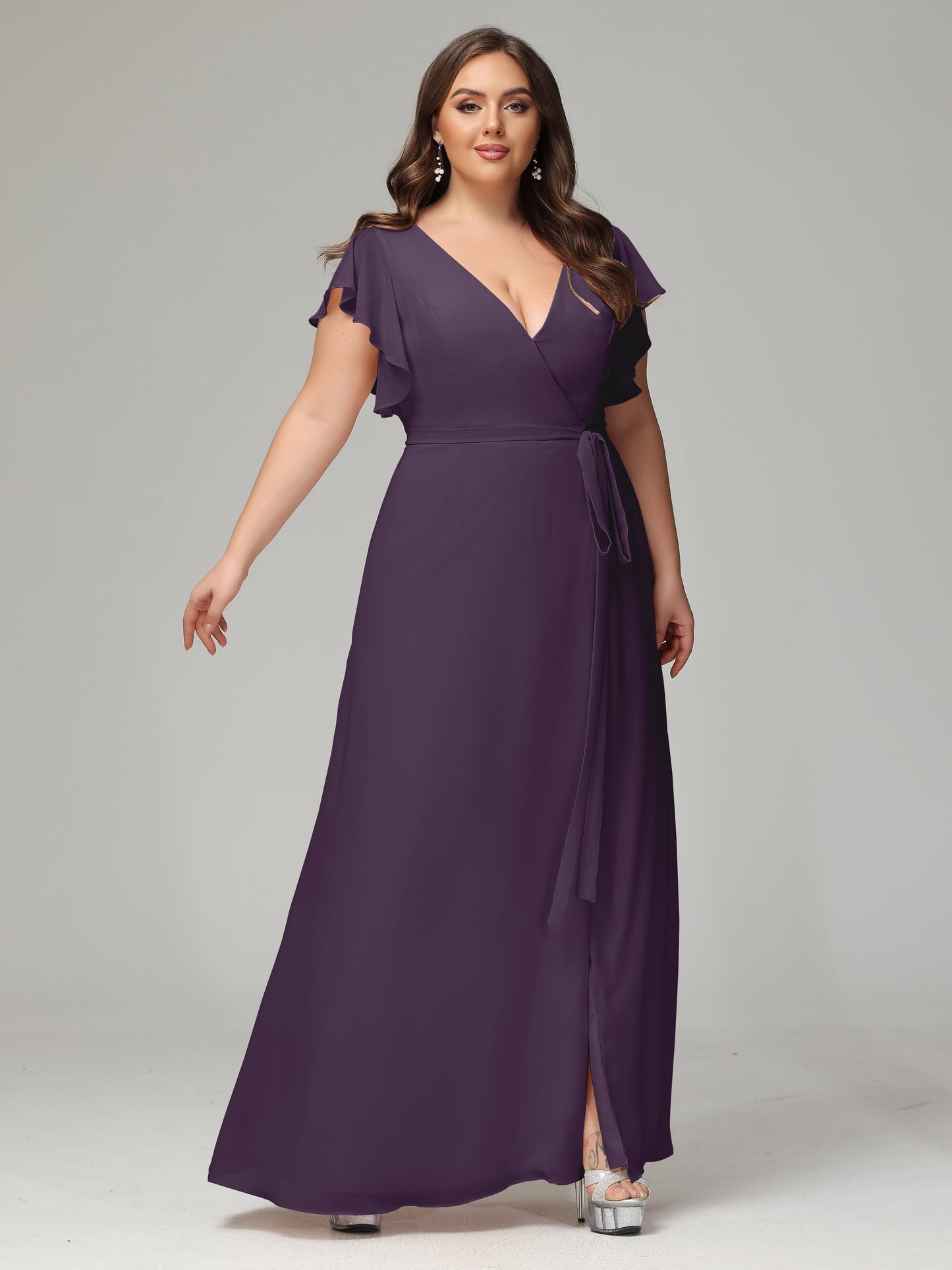 V-neck & Ruffled Sleeves Chiffon Bridesmaid Dress Plus Size