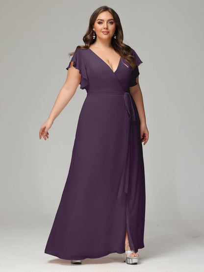 V-neck & Ruffled Sleeves Chiffon Bridesmaid Dress Plus Size