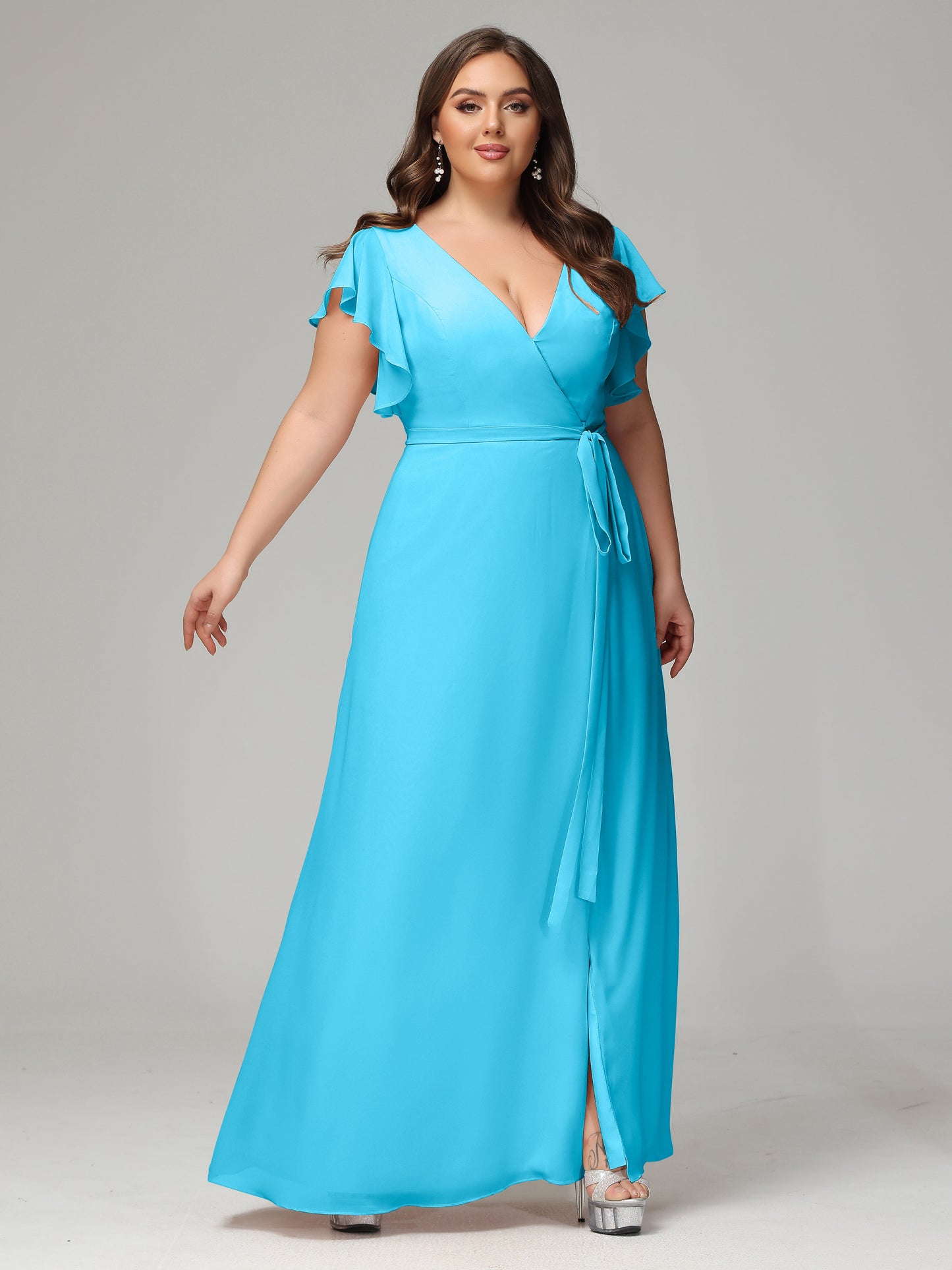 V-neck & Ruffled Sleeves Chiffon Bridesmaid Dress Plus Size