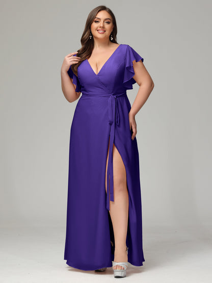 V-neck & Ruffled Sleeves Chiffon Bridesmaid Dress Plus Size