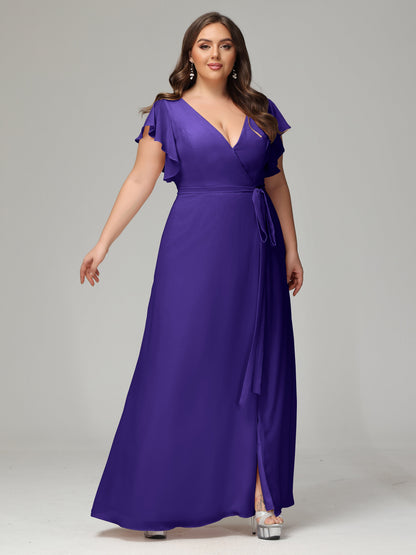 V-neck & Ruffled Sleeves Chiffon Bridesmaid Dress Plus Size
