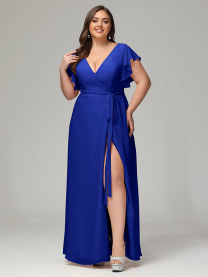 V-neck & Ruffled Sleeves Chiffon Bridesmaid Dress Plus Size