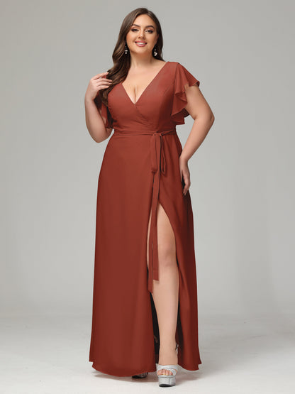 V-neck & Ruffled Sleeves Chiffon Bridesmaid Dress Plus Size