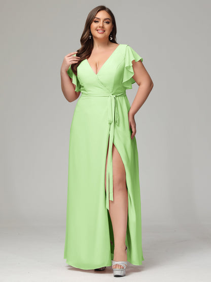 V-neck & Ruffled Sleeves Chiffon Bridesmaid Dress Plus Size