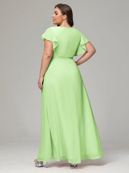 V-neck & Ruffled Sleeves Chiffon Bridesmaid Dress Plus Size
