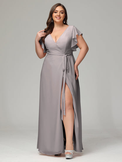 V-neck & Ruffled Sleeves Chiffon Bridesmaid Dress Plus Size
