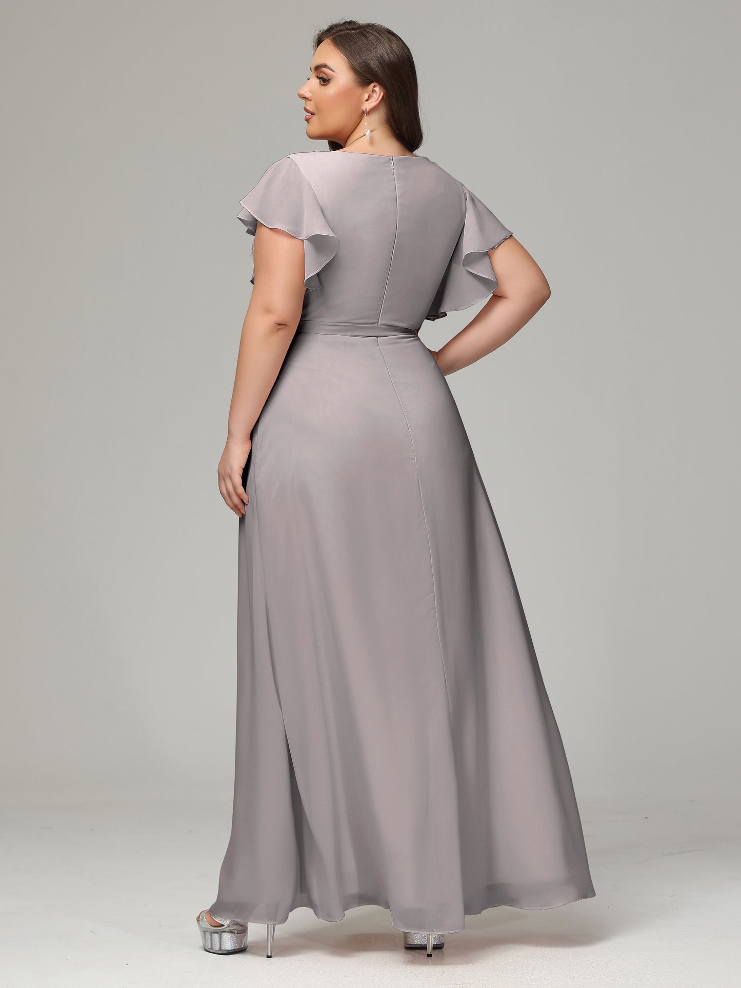 V-neck & Ruffled Sleeves Chiffon Bridesmaid Dress Plus Size