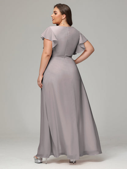 V-neck & Ruffled Sleeves Chiffon Bridesmaid Dress Plus Size