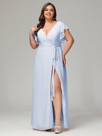 V-neck & Ruffled Sleeves Chiffon Bridesmaid Dress Plus Size