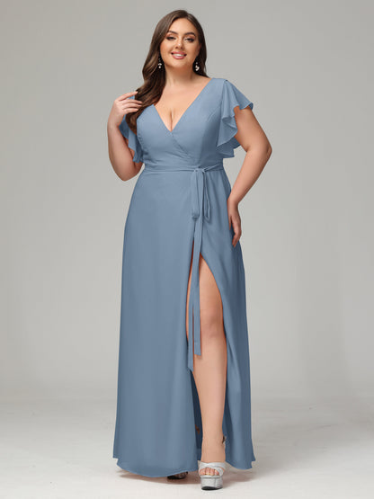 V-neck & Ruffled Sleeves Chiffon Bridesmaid Dress Plus Size
