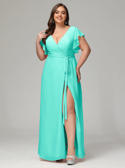 V-neck & Ruffled Sleeves Chiffon Bridesmaid Dress Plus Size