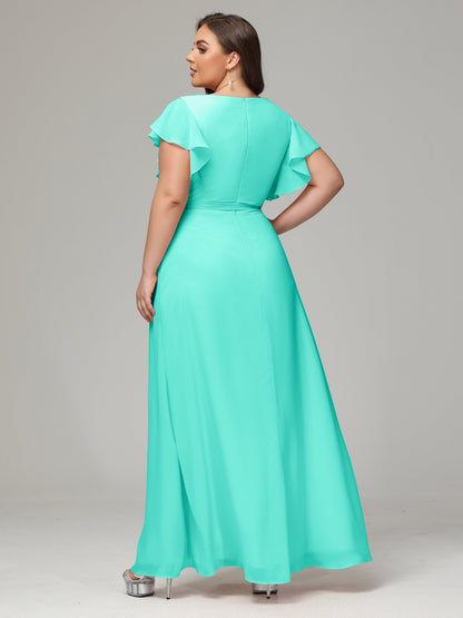 V-neck & Ruffled Sleeves Chiffon Bridesmaid Dress Plus Size