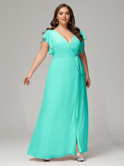V-neck & Ruffled Sleeves Chiffon Bridesmaid Dress Plus Size