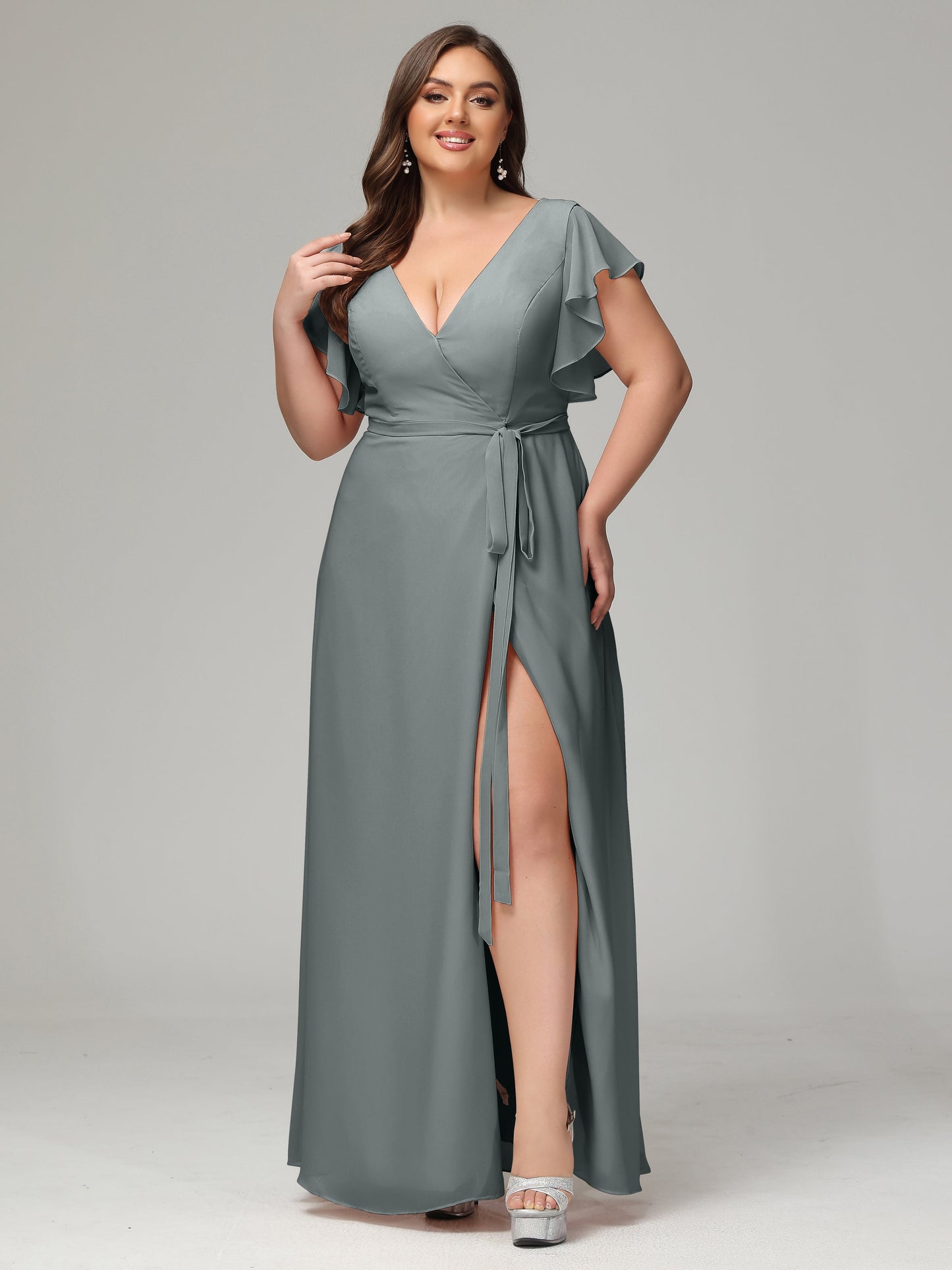 V-neck & Ruffled Sleeves Chiffon Bridesmaid Dress Plus Size